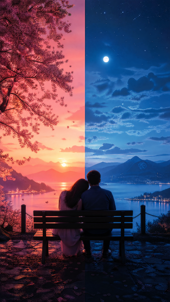 Romantic scenery iPhone wallpaper: silhouetted couple on a bench by a lake, one side a warm sunset with cherry blossoms, the other a serene moonlit night with stars and distant mountains.