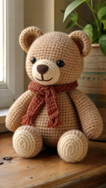 iPhone wallpaper showing a crocheted teddy bear with a rust scarf seated on a wooden windowsill beside a potted plant.