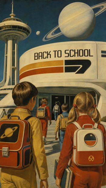 Retro-futuristic phone/iPhone wallpaper: children with space-themed backpacks walk toward a building labeled BACK TO SCHOOL beneath a large ringed planet.