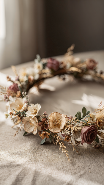 Vertical iPhone wallpaper of a dried flower crown in muted creams and dusty roses on textured linen, bathed in soft natural light.