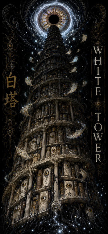 Amoled fan art AI phone wallpaper: towering Gothic White Tower studded with watchful eyes spiraling toward a glowing cosmic iris, dark high-contrast vertical iPhone background.