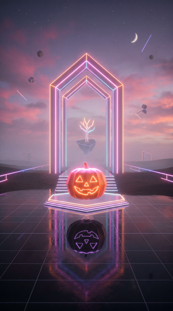 Minimal Halloween iPhone wallpaper — neon arch framing a glowing jack-o'-lantern on a reflective grid, with a floating island and crescent moon in a pastel sky.