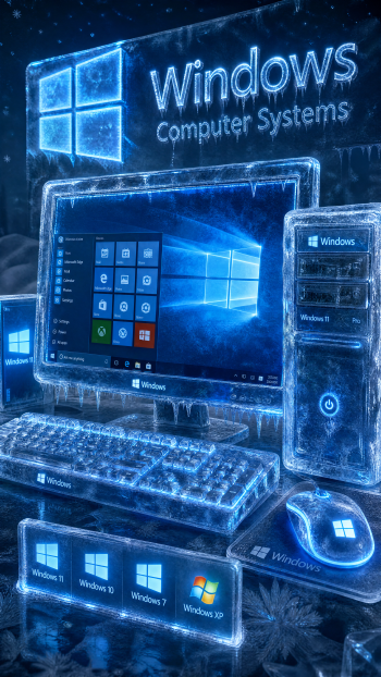 Frosted neon-blue Windows iPhone wallpaper showing an icy desktop setup: monitor, tower, keyboard, mouse, Windows logo and multiple Windows version icons.