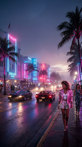 iPhone wallpaper of a foggy morning neon-lit boulevard: palm trees, retro cars, glowing hotel signs and pedestrians.