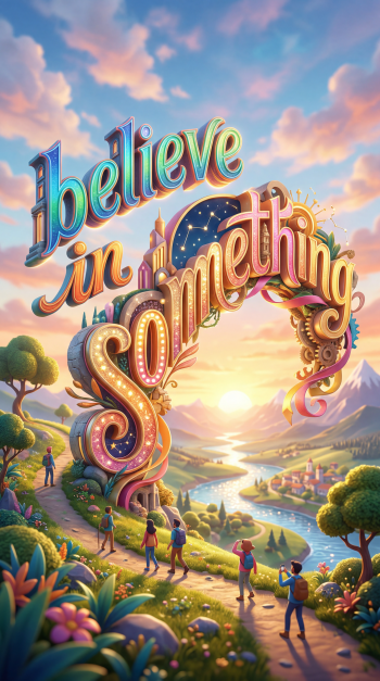 iPhone wallpaper: vibrant fantasy landscape with giant ornate lettering I believe in something arching over a sunlit valley and hikers walking toward a glowing river.