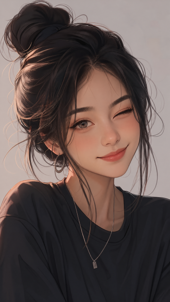 iPhone wallpaper of a winking, anime-style young woman with a messy bun, warm smile, soft lighting, wearing a black top and a small pendant necklace.
