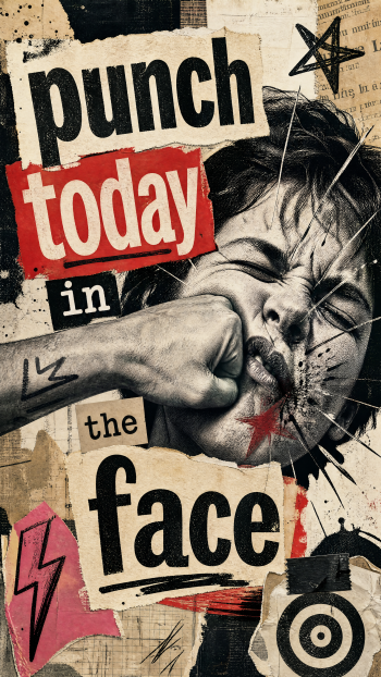 Phone/iPhone wallpaper: collage-style graphic reading punch today in the face with a fist striking a face, stars, target and gritty graffiti accents.