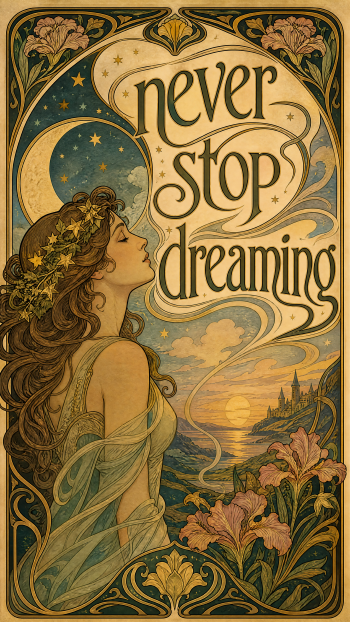 Art nouveau iPhone wallpaper: a woman gazes at stars and a sunset over a seaside landscape, framed by flowers and scrollwork with the flowing phrase never stop dreaming.