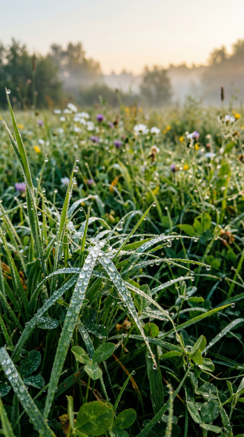 Vertical iPhone wallpaper – close-up of grass and wildflowers beaded with morning dew in a misty meadow at sunrise.