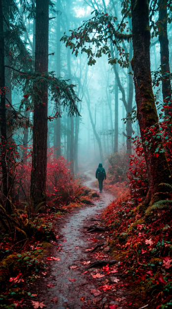 iPhone wallpaper: misty forest trail with a lone figure walking along a winding, leaf-strewn path through teal fog and crimson undergrowth.