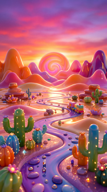 Vibrant candy‑land sunset with glossy hills, a swirled sun, winding river and colorful cacti — iPhone wallpaper.