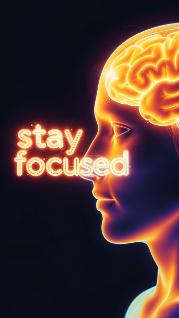 iPhone wallpaper: glowing neon profile with illuminated brain in warm tones, and bold neon text stay focused.