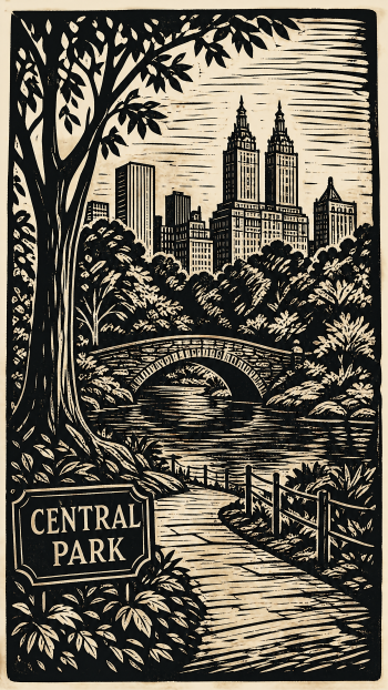 Vertical iPhone wallpaper of a woodcut-style Central Park scene: tree-lined path to an arched bridge over water, city skyline beyond and a vintage Central Park sign.
