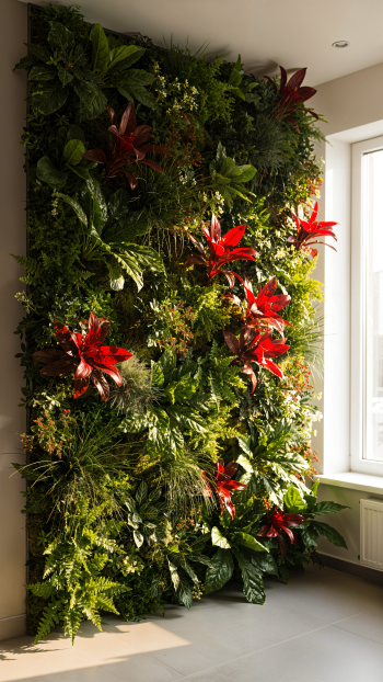 iPhone wallpaper portrait of a living wall: dense green foliage with vivid red bromeliads bathed in sunlight beside a bright window.