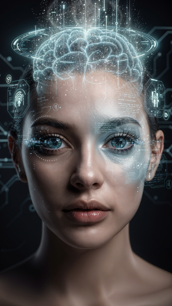 iPhone wallpaper: close-up of a woman's face overlaid with holographic neural circuits and a glowing brain upload interface, illustrating a futuristic mind upload concept.