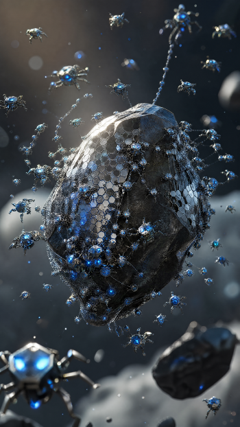 iPhone wallpaper of a nanotech swarm: blue-lit micro-robots swarming a hexagonal-plated metallic asteroid against a dark, depth-of-field space backdrop.