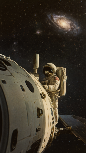 iPhone wallpaper of an astronaut conducting a spacewalk beside a spacecraft, framed by a starfield and distant spiral galaxies — a deep space exploration scene.