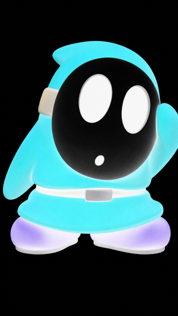 iPhone wallpaper of a cyan Shy Guy character on a black background, wide-eyed with a tiny mouth and one hand raised
