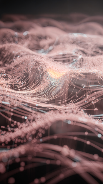 Light pink abstract waves of glowing lines and tiny particles forming a flowing, dreamy network — vertical iPhone wallpaper with soft depth and bokeh highlights.