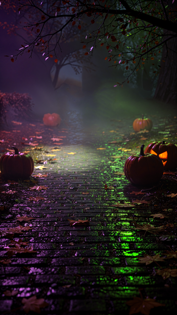 Moody October aesthetic iPhone wallpaper: foggy, leaf-strewn brick path lit in purple-green hues, scattered pumpkins and a glowing jack-o'-lantern.