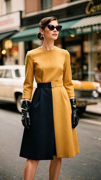 Vintage fashion iPhone wallpaper: woman in mustard-and-navy 1960s-style dress, black gloves and cat-eye sunglasses, standing on a city street with classic cars.