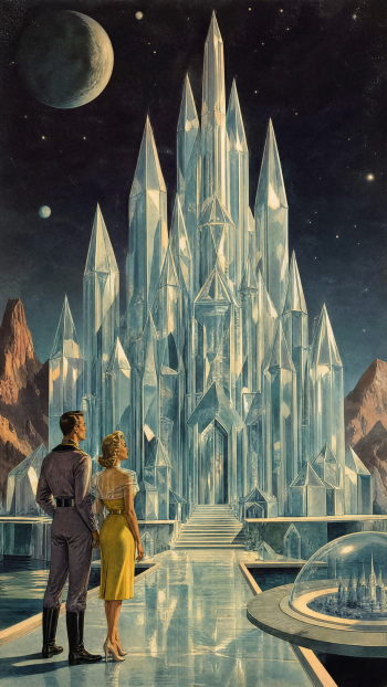 iPhone wallpaper showing a towering crystal castle rising from reflective pools on an alien plain, with a vintage-dressed couple gazing toward a distant moon under a starry sky.