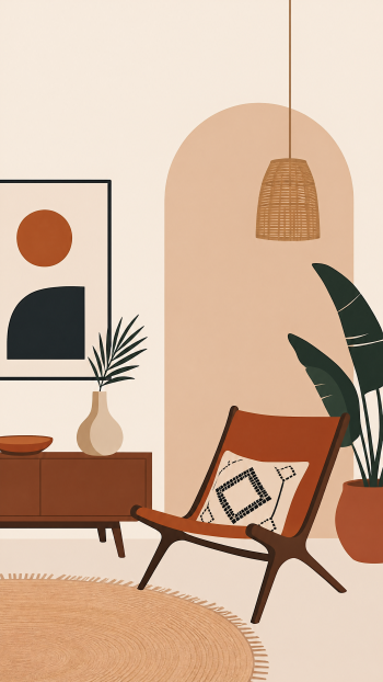 Boho interior iPhone wallpaper showing a warm living corner: leather lounge chair with patterned cushion, rattan pendant, potted plant, low console, abstract wall art and round woven rug.
