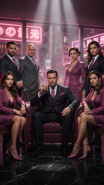 iPhone wallpaper: mafia crime family in plum suits — seated boss with cigar at center, entourages of stern men and women, neon-lit city visible through floor-to-ceiling windows.