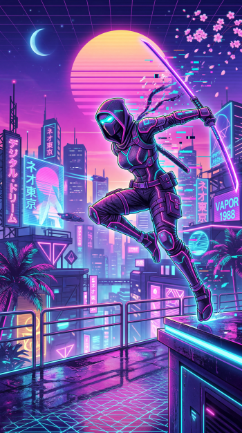 Cyberpunk ninja leaping with a glowing katana over a neon cityscape and oversized sun — vibrant iPhone wallpaper in pink, purple and teal vaporwave tones.