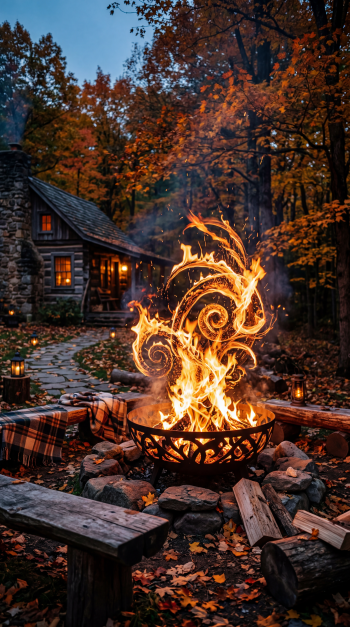 Rustic fall iPhone wallpaper: glowing campfire with swirling flames in iron pit, plaid blankets on logs, stone cottage and autumn trees bathed in warm evening light.