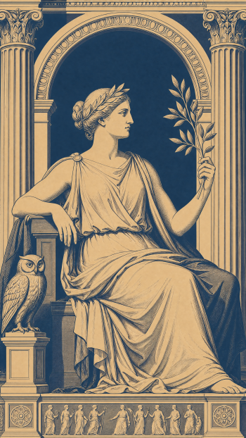 Dual-tone iPhone wallpaper: classical seated goddess wearing a laurel, holding an olive branch, owl at her feet, set within an arched colonnade with a decorative frieze.