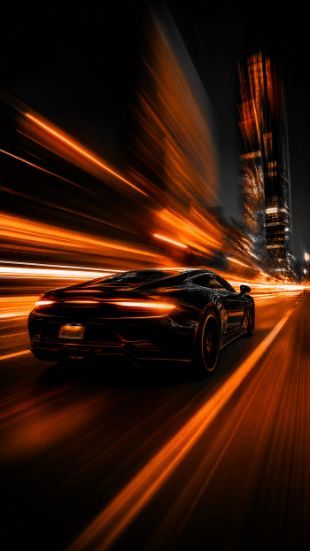 Black and orange iPhone wallpaper: sleek black sports car racing through a night city, leaving streaking orange light trails and blurred skyscrapers.