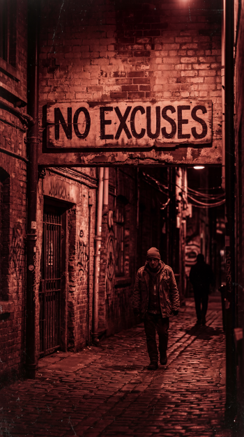 iPhone wallpaper — moody red-lit alley with an overhead NO EXCUSES sign and a lone figure walking down cobblestone path.