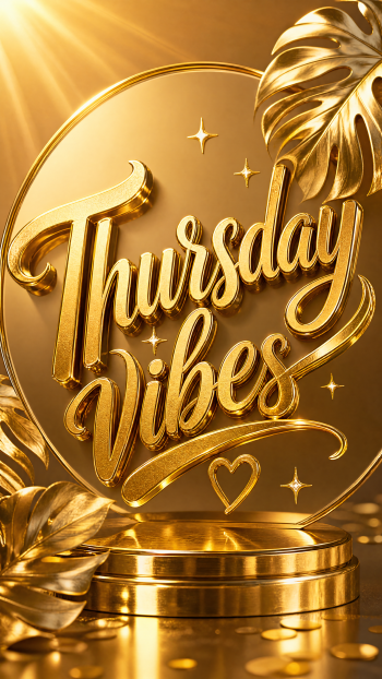 Golden iPhone wallpaper reading 'Thursday Vibes' in ornate 3D gold script on a circular pedestal, surrounded by tropical leaves, sparkles and warm sunlit highlights.