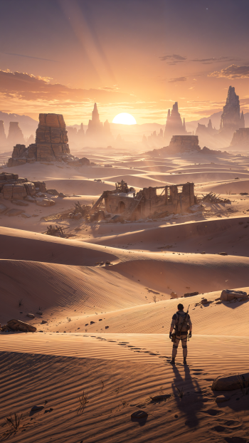 iPhone wallpaper: lone traveler on a sand dune gazes across a vast desert at sunset, silhouetted against mesas and crumbling ruins.