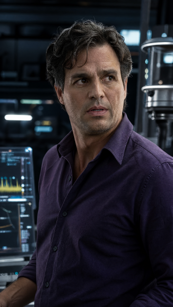 Bruce Banner in a dim lab, wearing a dark purple shirt and glancing to the side — moody vertical iPhone wallpaper.