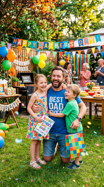 Father's Day iPhone wallpaper: smiling dad in BEST DAD EVER shirt hugged by two kids at a colorful backyard party with balloons, gifts and a Happy Father's Day banner.