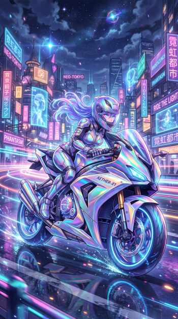 Neon anime motorcycle scene: armored rider on a glowing sportbike racing through rain-slick Neo-Tokyo streets at night — vertical iPhone wallpaper.