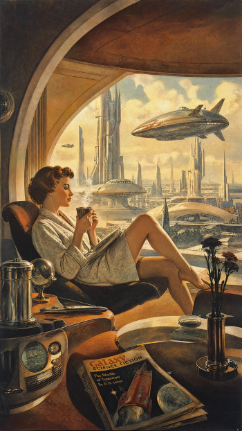 Cozy morning iPhone wallpaper: woman in a robe sips coffee by a panoramic window, overlooking a retro-futuristic city of sleek towers and hovering ships.