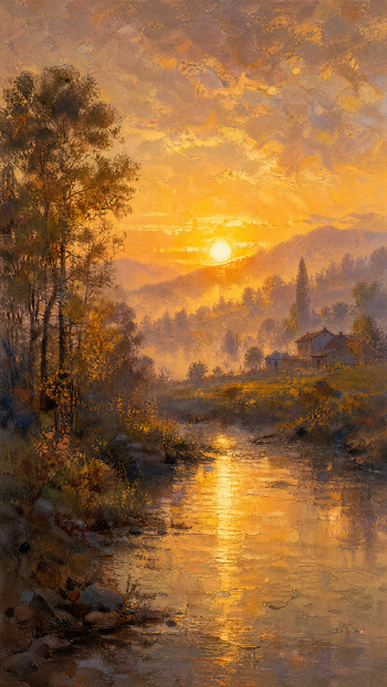 Vertical iPhone wallpaper: golden sunrise over a misty river valley, sun glinting on water, trees and a small cabin in warm painterly light.