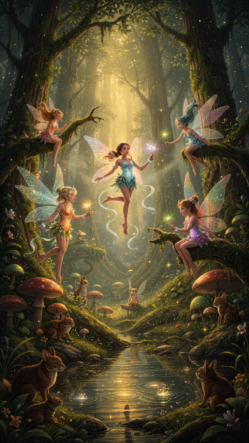 iPhone wallpaper of glowing forest fairies dancing above a moonlit stream amid mushrooms, rabbits and sunbeams filtering through ancient trees.