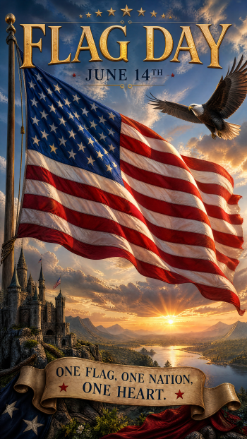 iPhone wallpaper for Flag Day: large waving American flag at sunset, bald eagle soaring above a castle and river; text Flag Day June 14th and banner One Flag, One Nation, One Heart.