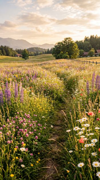 Vertical iPhone wallpaper: sunlit blooming meadow path lined with daisies, lupines and poppies, rolling hills and trees beneath a warm golden sky.