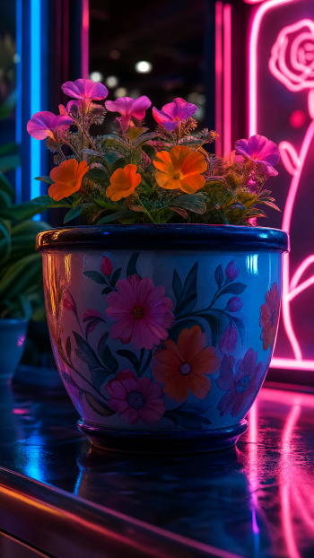 iPhone wallpaper of a painted flower pot with pink and orange blooms bathed in neon blue and magenta light, reflected on a glossy surface.