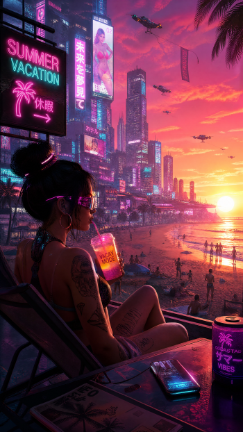 iPhone wallpaper: neon cyberpunk beach at sunset — woman on a balcony sipping a drink, SUMMER VACATION sign, futuristic city skyline, palm trees and flying drones over the shoreline.