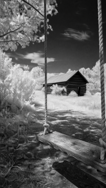 Nostalgic black-and-white iPhone wallpaper: a wooden rope swing in shadow with a sunlit log cabin framed by trees in a tranquil country clearing.