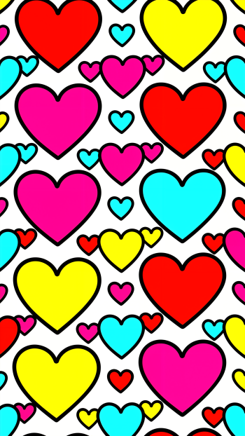 Vertical iPhone wallpaper with a repeating heart pattern in bright red, yellow, cyan and magenta on a white background.
