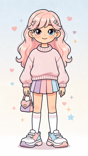 Girly iPhone wallpaper depicting a pastel chibi girl with pink hair, cozy sweater, pleated skirt, heart purse and scattered stars and hearts.