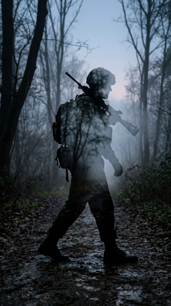 Phone/iPhone wallpaper of a soldier silhouette walking through a misty, bare-wood forest at dusk.