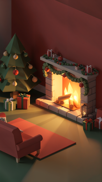 iPhone wallpaper: cozy stylized Christmas living room with glowing fireplace, garlanded mantel, wrapped presents, decorated tree and a comfortable armchair.